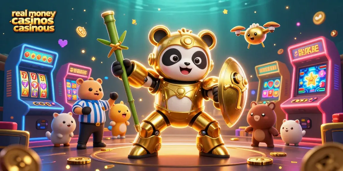 Engage in dynamic action at real money casinos casinous with a vibrant gambling scene featuring an exciting mech-suit panda in a fun arena.
