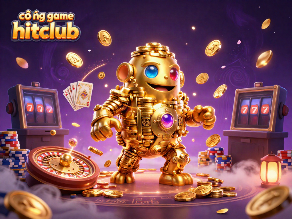Experience thrilling gameplay with cổng game hitclub, featuring a golden golem amidst sparkling casino elements.