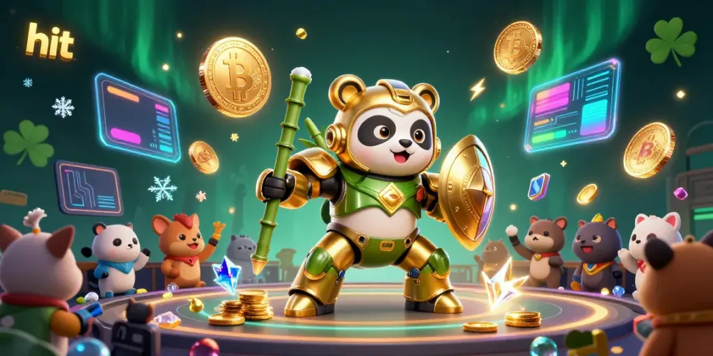 Engage in thrilling action with the hit-themed casino illustration featuring a golden panda and vibrant elements.