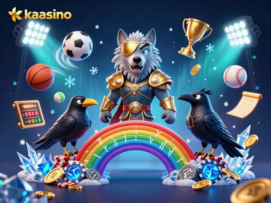 Kaasino showcases a vibrant depiction of Odin and ravens amidst flying sports balls, celebrating online gaming excitement.
