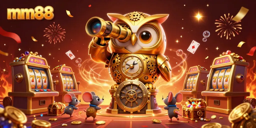 Experience thrilling gameplay at mm88 with an engaging scene of a golden owl overseeing lively casino action.