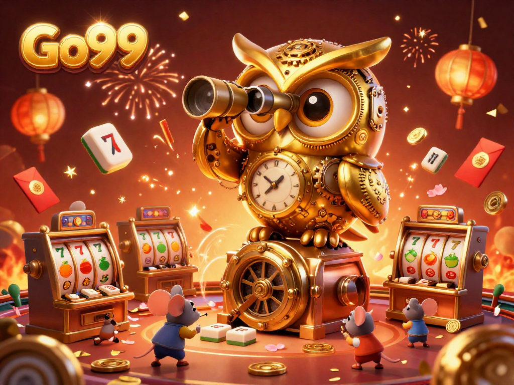Experience the excitement of Go99 slots with a vibrant illustration of a golden clockwork owl and playful mice.