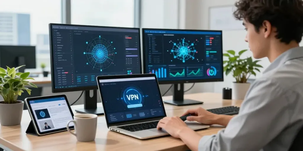 快连 VPN 应用程序界面的现代办公场景,展示安全上网的技术。