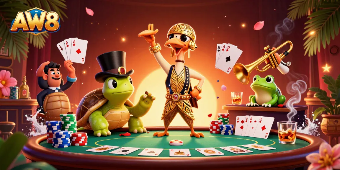 AW8 showcases a vibrant casino scene with playful characters and engaging poker elements.