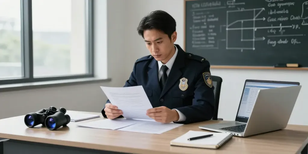 Insightful office scene featuring 흥신소 굿탐정 investigator reviewing critical case files.