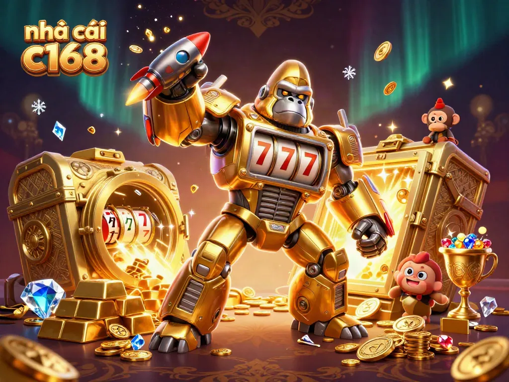 Spin the reels and win big with nhà cái c168's captivating 3D casino illustration showcasing dynamic action.