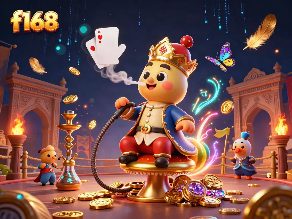 Join the thrilling world of f168 where a grand caterpillar hookah-master reigns over a casino realm filled with symbols of luck and fortune.