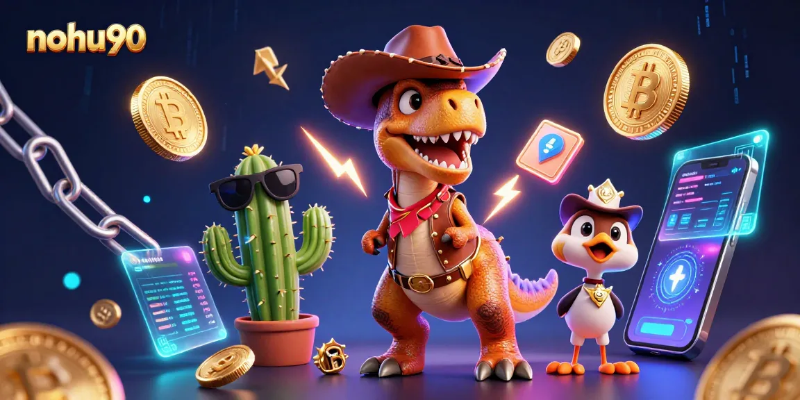 Join the fun with nohu90 as the cartoon dinosaur and friends celebrate crypto casino excitement!