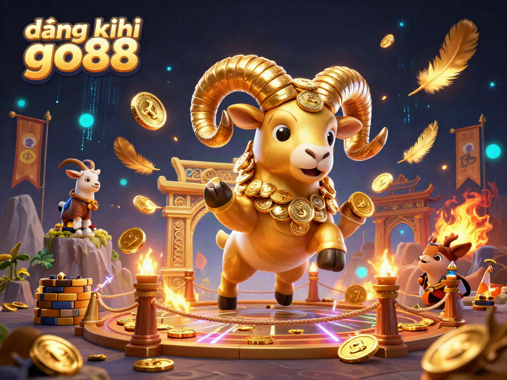 Engage in excitement at đăng ký go88 with a dynamic casino-themed scene featuring a golden ram and goats.