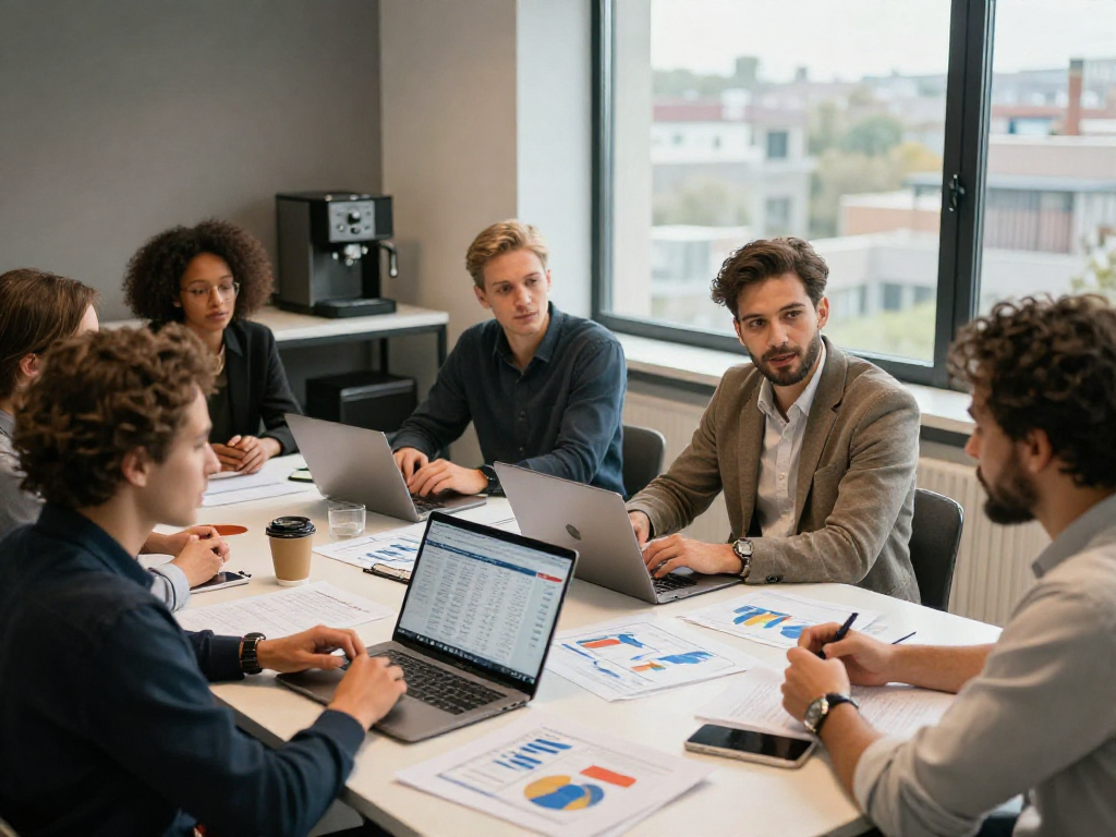 Zakelijke lening zonder jaarcijfers bespreken in een moderne kantooromgeving met een diverse groep ondernemers.