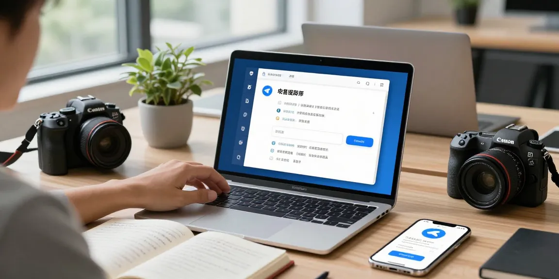 Adjusting Telegram Chinese Version language settings on a laptop in a modern workspace.