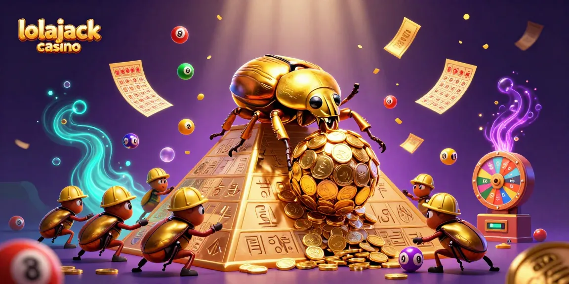 Experience the fun of lolajack casino with a scene of golden beetles surrounded by colorful gaming elements.