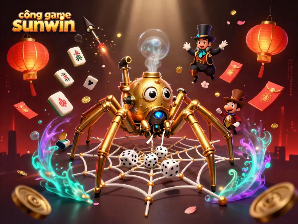 Catching lucky dice and gold poker chips at cổng game sunwin with steampunk spider characters.