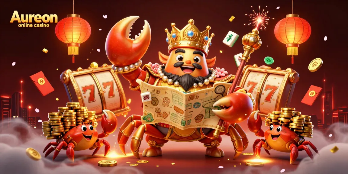 Aureon online casino showcases a rich 3D scene with a golden crab emperor and slot reels.