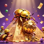 Experience the fun of lolajack casino with a scene of golden beetles surrounded by colorful gaming elements.